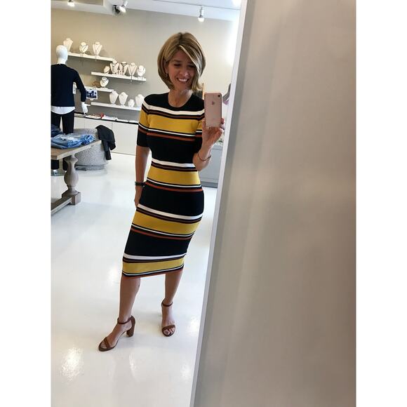 INTERMIX Wyatt Rib Knit Dress Striped Sweater Midi Half Sleeves Crew Medium EUC - Picture 8 of 15